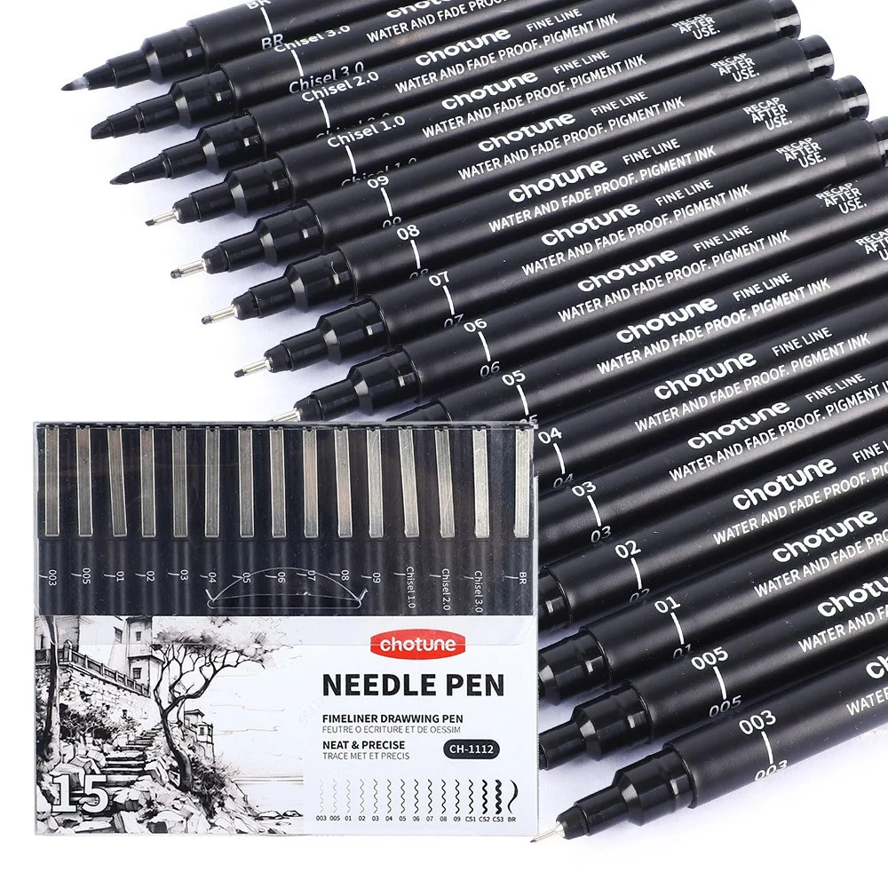 Copic Marker Sketch - Черные микроручки, 15 размеров, водонепроницаемые архивные